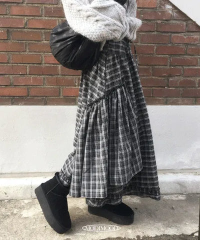 Roeun Vintage Frill Long Check Skirt