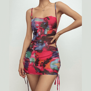 Hollow out flower print drawstring contrast cami cut out mini dress