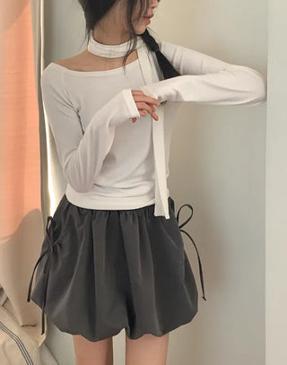 [Scarf Set] Semi-Off-Shoulder Boat Neck Long-Sleeve T-Shirt