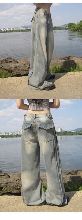 Adjustable waist/length, side Split , pin tuck , Faded denim pt - 3 colors