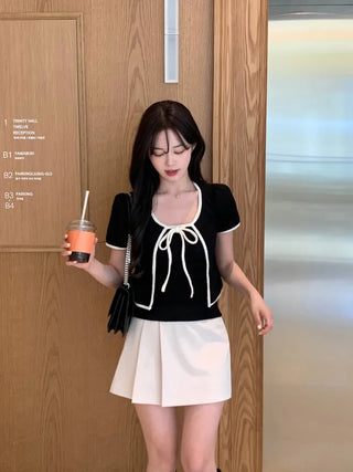 [2pcs] Tweed Ribbon Sleeveless Cardigan Set