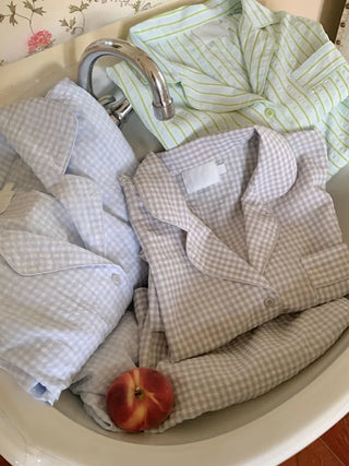 [Homewear] Striped Border Check Pajama Set