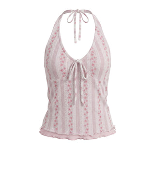 [NECY] Pink Blossom Strap Halterneck Top