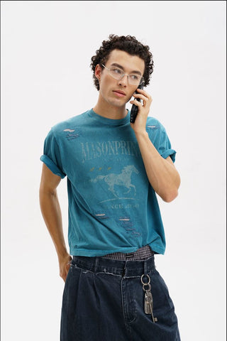 [MASONPRINCE] Distressed Horse Print Cotton Tee