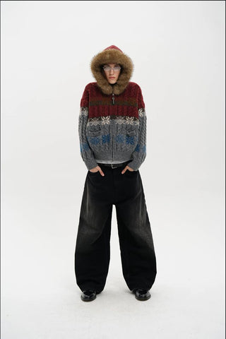 [MASONPRINCE] Fair Isle Fur Hood Wool Blend Cardigan