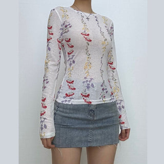 Crewneck long sleeve flower print top