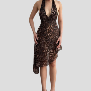Halter leopard print backless irregular mini dress