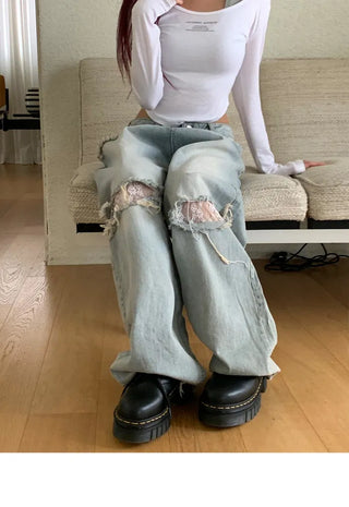 Lace Damage Vintage Faded Light Blue Pants