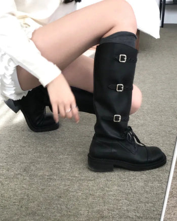 belted biker long boots (2color)