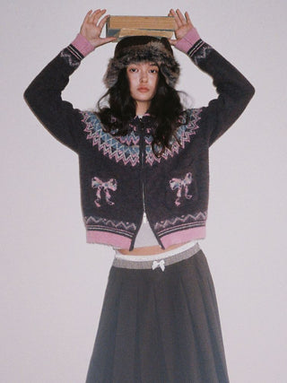 [Moromoro2] Fair Isle Bow Pocket Retro Collar  Cardigan