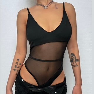 V neck mesh patchwork cami bodysuit