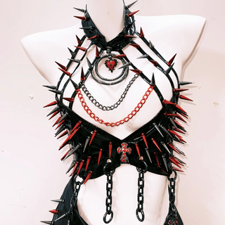 Metal chain hollow out halter slit mini skirt set