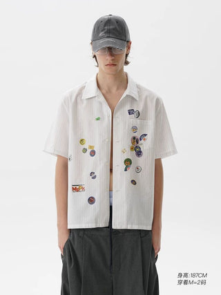 [MASONPRINCE] Striped Cotton Sticker Print Shirt