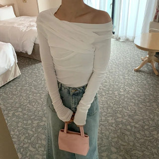 Shirred Asymmetrical Off-Shoulder Long T-Shirt