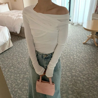 Shirred Asymmetrical Off-Shoulder Long T-Shirt