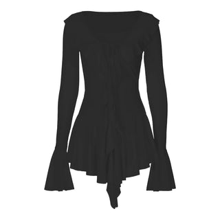 V neck long flared sleeve self tie ruffle mini dress