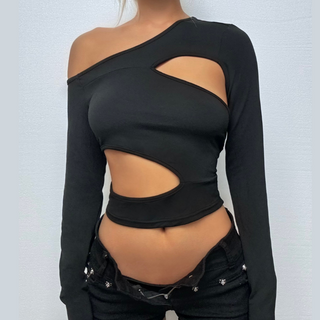 One shoulder long sleeve hollow out cut out top