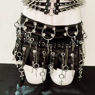 Metal chain rivet applique corset pleated mini skirt set