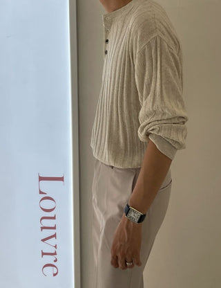 Ribbed Linen Henley Neck Long Sleeve Knit (5 colors)