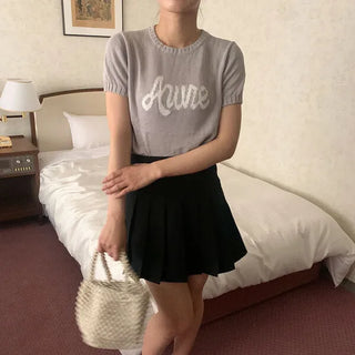 Lettering Short-Sleeve Knit Sweater