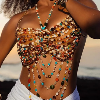 Beaded contrast halter backless top