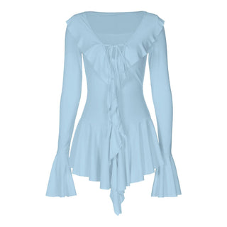 V neck long flared sleeve self tie ruffle mini dress
