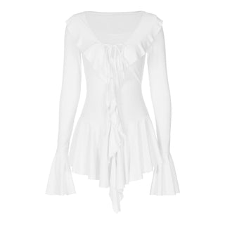 V neck long flared sleeve self tie ruffle mini dress