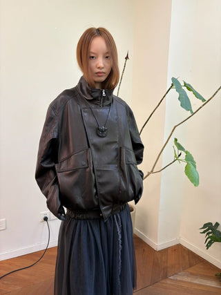 [NeverSeez] Stand Collar Asymmetrical PU Leather Jacket