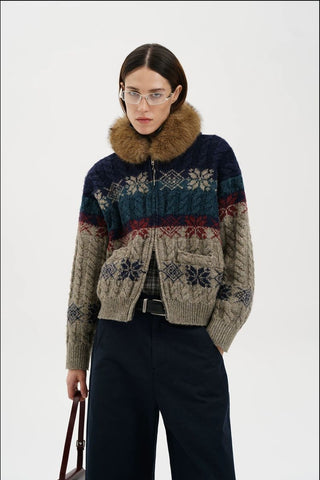 [MASONPRINCE] Fair Isle Fur Hood Wool Blend Cardigan
