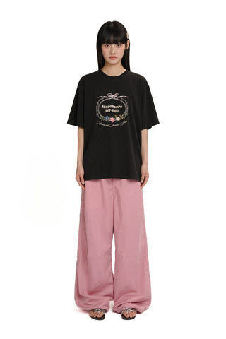 [Moromoro2] Bow Embroidery Flower Washed Cotton  Tee