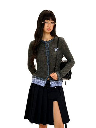 [Moromoro2] Layered Hem Plaid Bow Slim Fit  Cardigan
