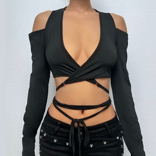 Long sleeve slit v neck off shoulder self tie crop top