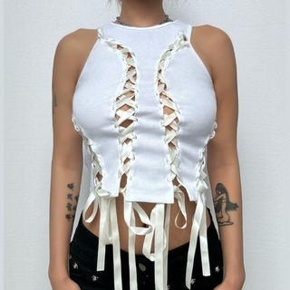Sleeveless round neck lace up hollow out ribbed crop cut out top