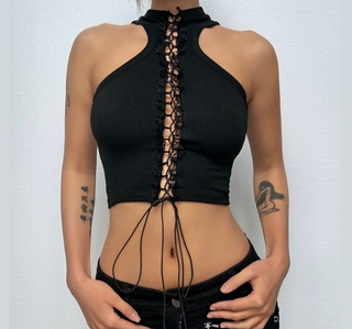 Lace up hollow out ruffle solid crop cut out top