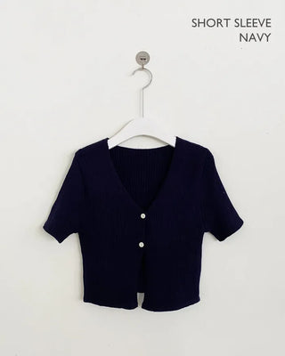 (Short-sleeved/Long-sleeved) Pastel Cropped V-neck Slim Button Ribbed Cardigan