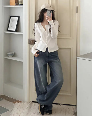 (short/basic/long) Two-button wide denim pants