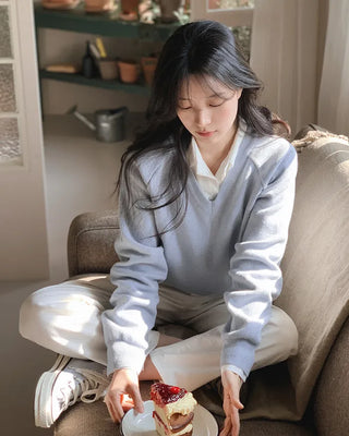 (8 colors) High-gauge V-neck raglan knit