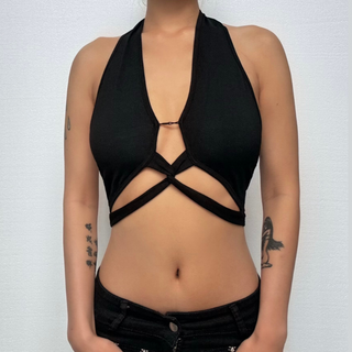 Hollow out halter backless solid cross front crop cut out top