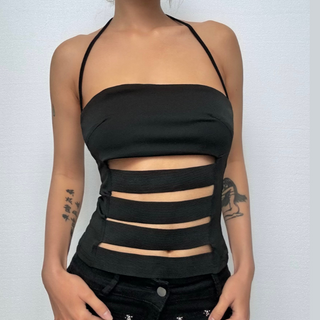 Halter hollow out solid cut out top