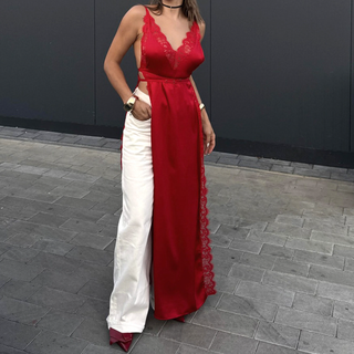 V neck high slit lace hem cami maxi dress