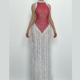 High neck patchwork tassels backless maxi dress