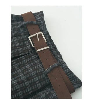Belted wool check pattern pleated midi skirt (2 colors)