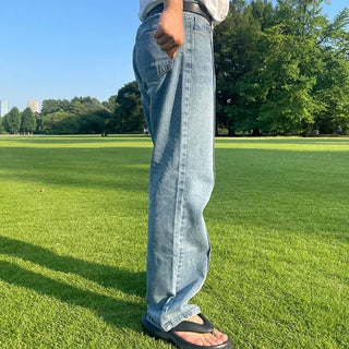 Straight-fit, center-creased denim pants