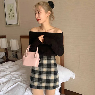 Wool check mini skirt