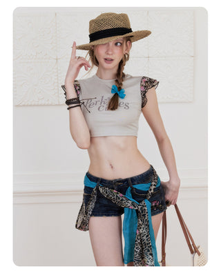 [NECY] New Vintage Floral Leopard Ribbon Denim Shorts