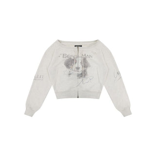 [MASONPRINCE] Off-Shoulder Cropped Zip-Up Cardigan