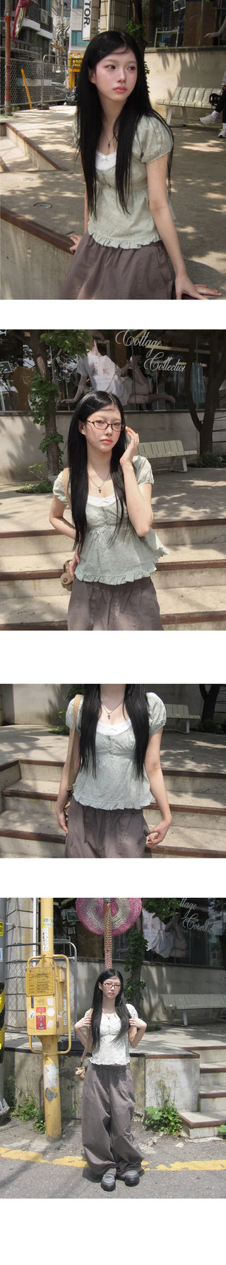 Pomin Flower Embroidery Punching Puff Blouse - 2 Colors