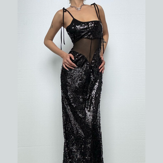 U neck glitter mesh cami maxi dress