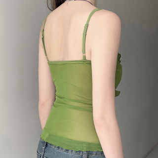Ruffle u neck mesh textured green cami top