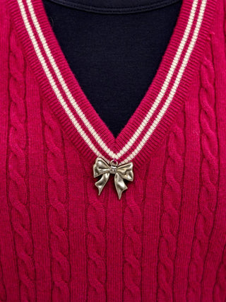 [Moromoro2] Cable Knit Bow Detail V-Neck  Vest